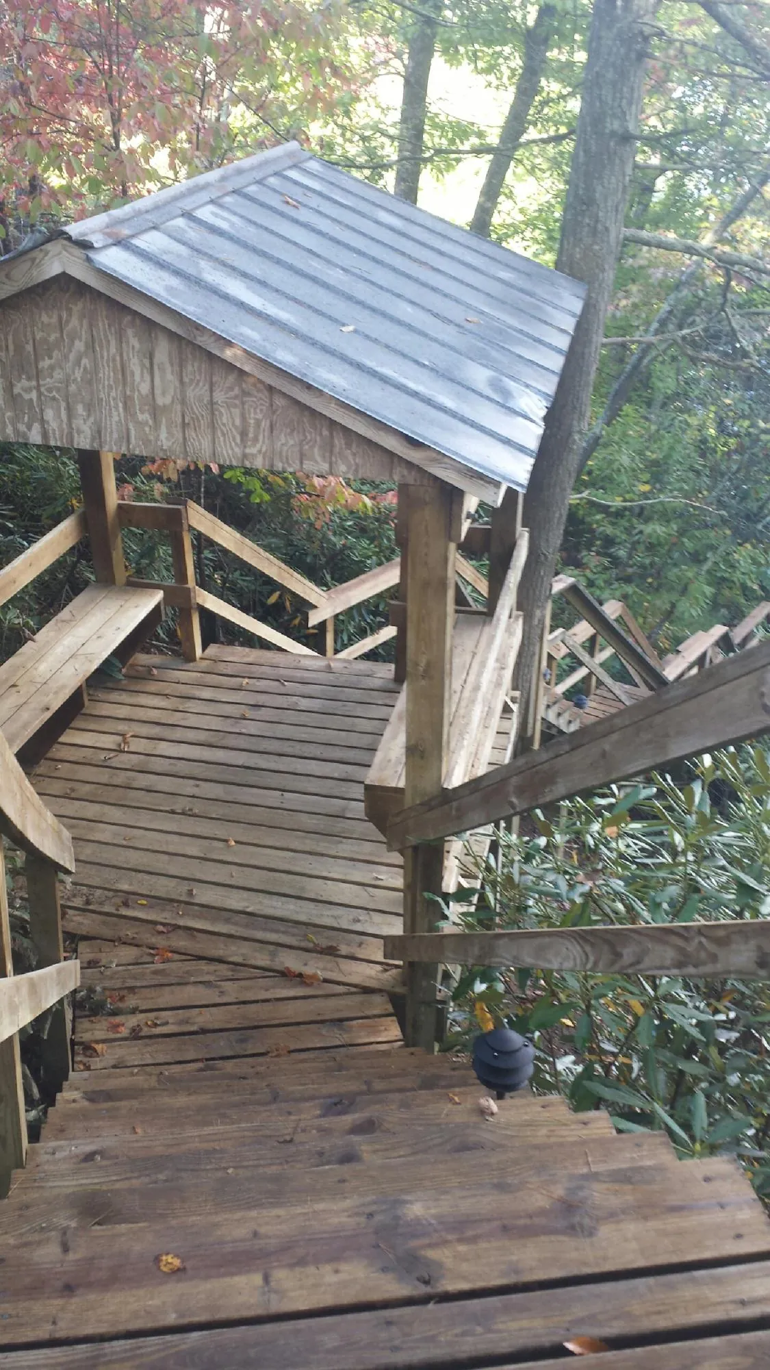 Metal roofed shelter over wooden steps on a wooded walkway — Skylight Repair & Installation work by our crew in Summerville